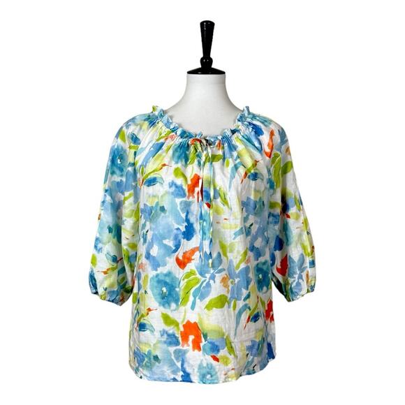 Hester & Orchard Top Linen Cotton Tie Neck White Multi Floral Women’s Size Small - Picture 5 of 10